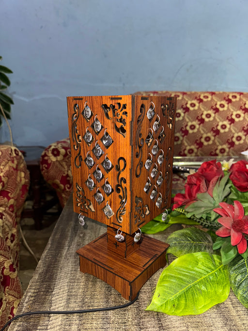 Laser-Cut Wooden Table Lamp with Hanging Blub Design